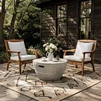 An elevated cement pedestal table with ergonomic handholds serving as a functional focal point on an eco-lodge patio. Robust exterior furnishings tailored for glamping resorts and timber cabin retreats.